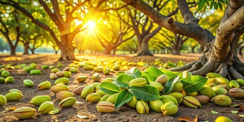 Wall Mural - Golden sunlight filtering through the leaves of a verdant orchard, illuminating a cluster of fresh nuts resting on the ground