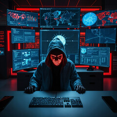 A hooded hacker launches a cyberattack from their secret lair. This image depicts a hacker in a hooded sweatshirt, with a glowing mask, surrounded by computer monitors displaying code and data.