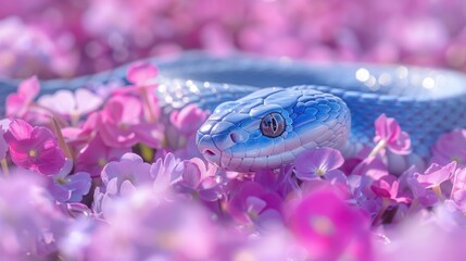 A snake coiled among vibrant pink flowers