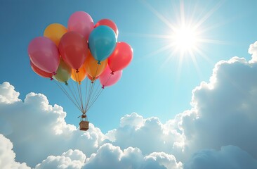 Wall Mural - Colorful balloons floating up into cloudy sky with sunlight breaking through