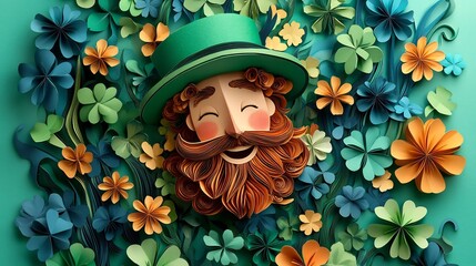 Poster - Detailed paper art representation of Irish man smiling surrounded by lush clovers and colorful flowers designed with open space for text capturing the spirit of St Patrick's Day celebrations