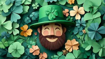 Poster - Detailed paper art representation of Irish man smiling surrounded by lush clovers and colorful flowers designed with open space for text capturing the spirit of St Patrick's Day celebrations