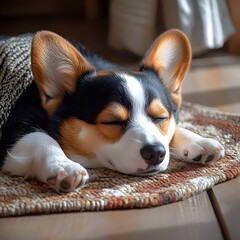 A sleeping tricolor Corgi with closed eyes resting peacefully on a cozy rug, surrounded by warm sunlight filtering through the window.