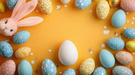 Poster - Easterthemed flat lay pink bunny ears pastel blue and yellow eggs and a white egg in the middle all arranged on a orange background with copy space in the center for a festive message