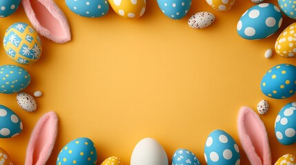 Fototapete - Easterthemed flat lay pink bunny ears pastel blue and yellow eggs and a white egg in the middle all arranged on a orange background with copy space in the center for a festive message