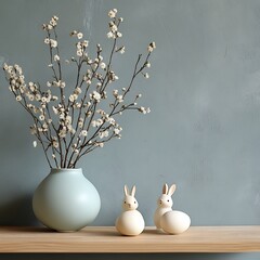 Poster - Easterthemed setup a few eggs a small bunny figurine and spring flowers placed on a minimalistic background Subtle colors and clean lines give it a modern minimalist look with room for text