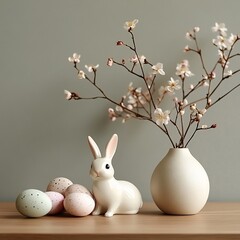 Poster - Easterthemed setup a few eggs a small bunny figurine and spring flowers placed on a minimalistic background Subtle colors and clean lines give it a modern minimalist look with room for text