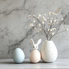 Poster - Easterthemed setup a few eggs a small bunny figurine and spring flowers placed on a minimalistic background Subtle colors and clean lines give it a modern minimalist look with room for text