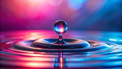 Sticker - A Single Drop of Water Creates Ripples of Color in a Blue and Pink Abstract Backdrop