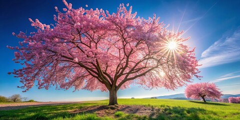 Canvas Print - A solitary blooming tree bathed in the golden glow of a radiant sun, casting long shadows on a lush grassy field.