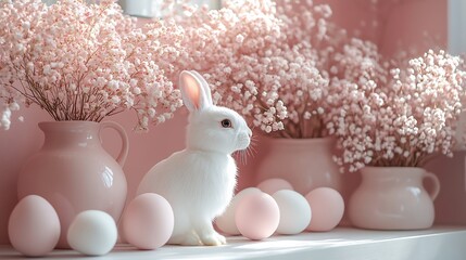 Poster - Easter decoration featuring white pastelcolored eggs on a smooth minimalistic background A single bunny silhouette stands beside delicate flowers creating a serene modern Easter scene
