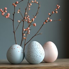 Poster - Easter decoration a minimalistic feel showing a few handpainted eggs in soft muted tones on a clean blank background Simple refined composition for a sleek Easter design with copy space