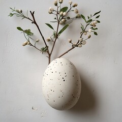Poster - Easter egg muted tones placed delicately on a minimal white surface A few sprigs of greenery add balance creating a clean fresh aesthetic with plenty of room for a message or design