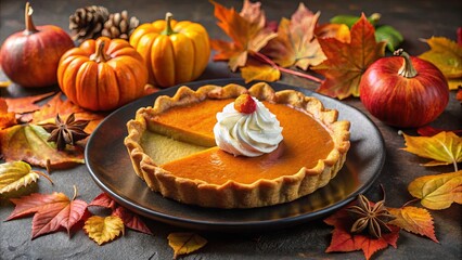 Sticker - A slice of pumpkin pie with whipped cream, surrounded by autumn leaves and gourds, a seasonal delight.