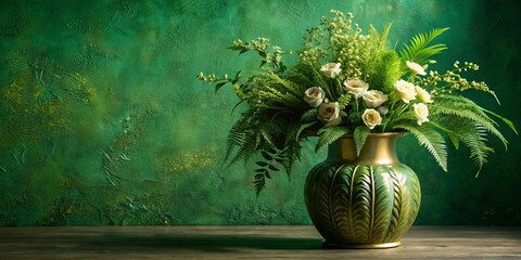 Sticker - A Delicate Arrangement of White Roses and Lush Greenery Adorns a Decorative Ornate Vase Against a Deep Emerald Green Background