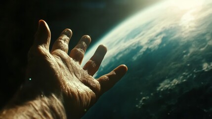 Wall Mural - a hand reaches for earth reflecting genesis and the divine creation of light and the universe