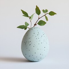 Poster - Easter egg muted tones placed delicately on a minimal white surface A few sprigs of greenery add balance creating a clean fresh aesthetic with plenty of room for a message or design