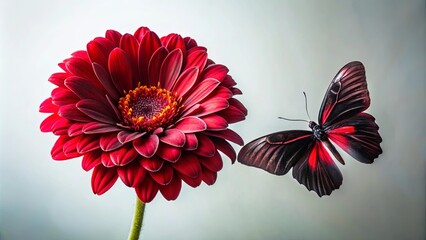 Wall Mural - A crimson gerbera blossom with delicate petals basks in soft light, while a scarlet and ebony butterfly with iridescent wings soars nearby.