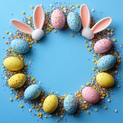 Poster - Easter layout featuring bunny ears yellow blue pink eggs arranged in a circular pattern with colorful sprinkles on a pastel blue backdrop Ideal for a festive greeting card with copy space