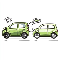  Two eco-friendly green cars illustrating electric charging, set against a simple white background. A symbol of sustainable transportation and clean energy innovation.