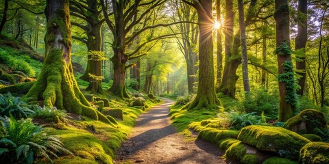 Sticker - A Sunlit Path Through a Lush, Moss-Covered Forest with a Canopy of Emerald Green