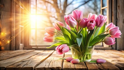 Canvas Print - Sunlight streams through a window, casting a warm glow on a vase of pink tulips resting on a rustic wooden table.