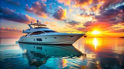 Poster - A Luxurious Yacht Anchored in the Golden Hour, with a Vibrant Sky Reflecting in the Tranquil Water