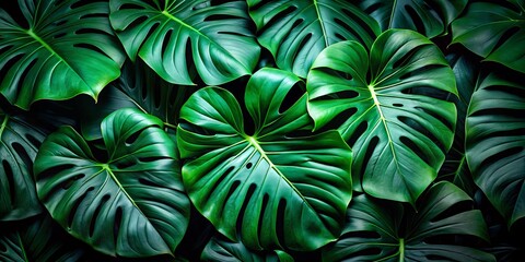 Canvas Print - Close-up of Monstera Deliciosa leaves in deep greens, captured in low light for a dramatic ambiance, ideal for home decor lovers and plant enthusiasts.