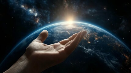 Wall Mural - a hand reaching towards earth the creation of light from genesis and the birth of the universe