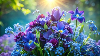 Poster - A symphony of vibrant blue and purple blooms bathed in warm sunlight, creating a breathtaking floral tapestry.