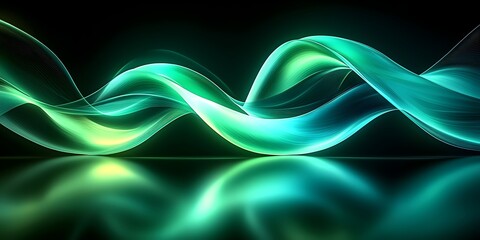 Poster - Abstract waves of green and blue light gracefully flow across a dark background, creating a vibrant and dynamic visual effect.