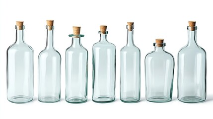 A collection of elegant glass bottles with cork stoppers, perfect for decoration or storage in any modern setting.