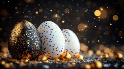 Poster - Elegant Easter greeting banner featuring black white eggs immersed in golden liquid with sparkling confetti A 3D design perfect for celebratory messaging with space for text on a premium backdrop