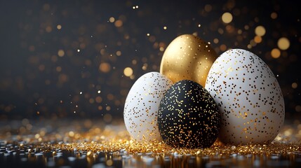 Poster - Elegant Easter greeting banner featuring black white eggs immersed in golden liquid with sparkling confetti A 3D design perfect for celebratory messaging with space for text on a premium backdrop