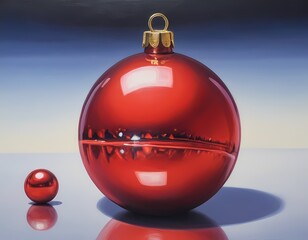 Red Christmas ornament hanging from a ribbon against a soft background during the holiday season