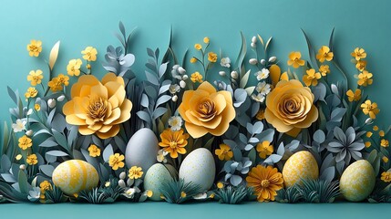 Poster - Elegant Easter greeting card scene featuring intricate paper cut flowers soft yellow and grey hues accented by 3D eggs all set against a serene holiday background for a joyful celebration