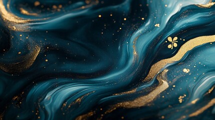 Poster - Elegant teal platinum gold abstract design with swirling liquid patterns incorporating subtle symbols of St Patrick's Day creating a sophisticated festive atmosphere