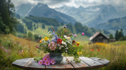 charming mountain scene freshly arranged flowers on a rustic table surrounded by nature s beauty