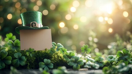 Fototapete - Enchanting setup an empty paper banner ready for greetings complemented by a stylish St Patrick's Day hat surrounded by clovers and shimmering balloons on a sunny day
