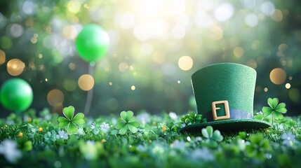 Fototapete - Enchanting setup an empty paper banner ready for greetings complemented by a stylish St Patrick's Day hat surrounded by clovers and shimmering balloons on a sunny day