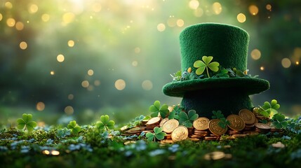 Poster - Eyecatching banner showcasing radiant green hat surrounded by golden coins and clover leaves symbolizing prosperity and happiness during St Patrick's Day festivities