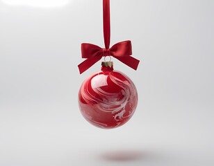 Red Christmas ornament hanging from a ribbon against a soft background during the holiday season