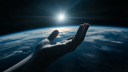 Wall Mural - a hand reaching toward earth illustrating creation and the first light from genesis