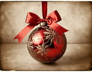 Red Christmas ornament hanging from a ribbon against a soft background during the holiday season