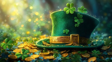 Poster - Festive banner featuring shiny green hat adorned with a gold buckle surrounded by scattered gold coins and vibrant clover leaves capturing the spirit of St Patrick's Day celebration
