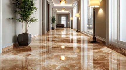 Elegant Hallway with Glossy Marble Floor and Lighting