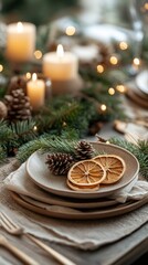 christmas table with elegant natural elements, dried oranges, pinecones, candles. vertical banner, s