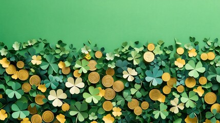 Poster - Festive St Patrick's Day scene flat lay of paper art fourleaf clover confetti sprinkled over a sea of gold coins on a lush green background ideal for holiday greetings
