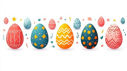 Poster - Flat design set of colorful Easter eggs arranged a playful pattern on a clean white background Each egg features unique designs creating a vibrant festive look with ample space for text