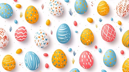 Poster - Flat design set of colorful Easter eggs arranged a playful pattern on a clean white background Each egg features unique designs creating a vibrant festive look with ample space for text